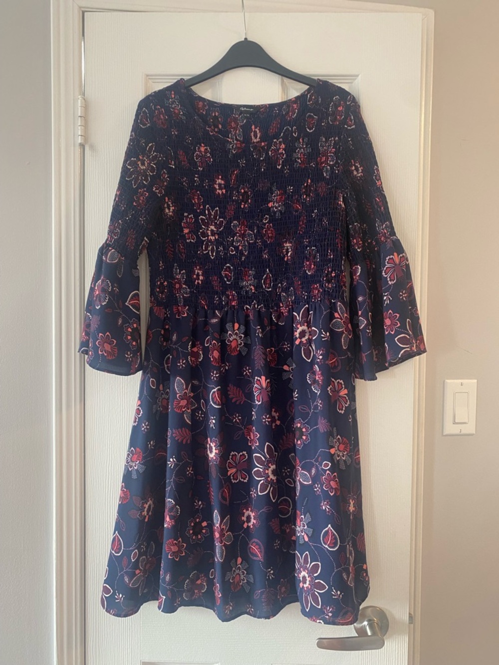 Reitman’s Navy Floral Smocked Waist Dress with Bell Sleeves